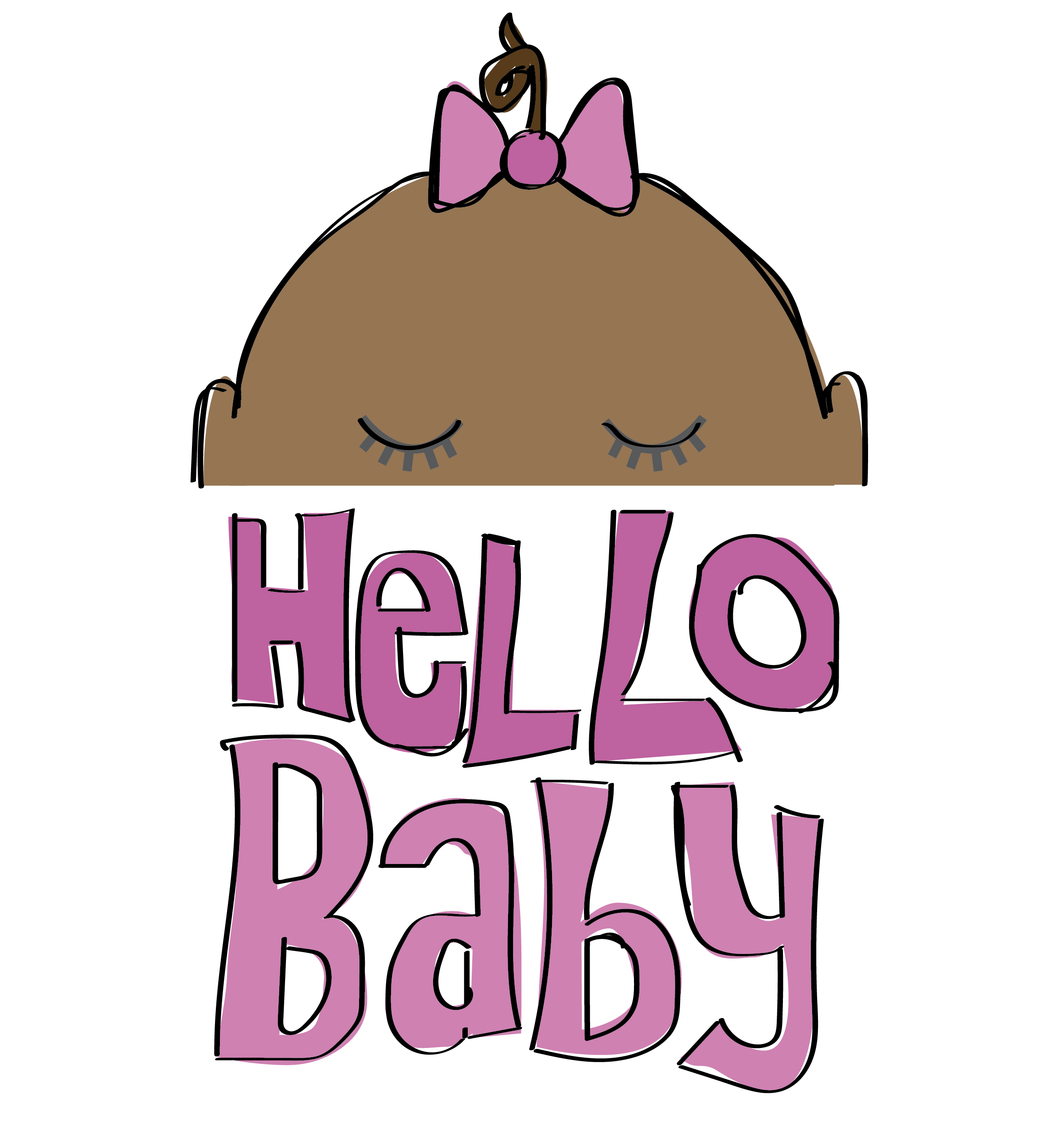 Illustration of the top of a baby girl's head wearing a bow. Stylized text reads: Hello Baby