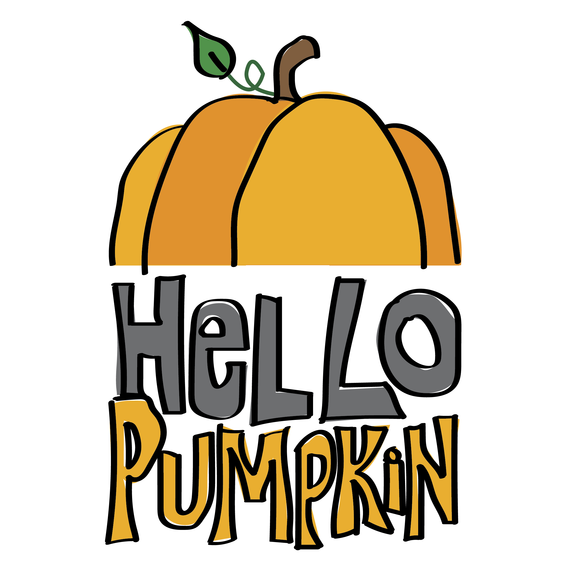 Illustration of the top half of a pumpkin. Stylized text reads: Hello Pumpkin