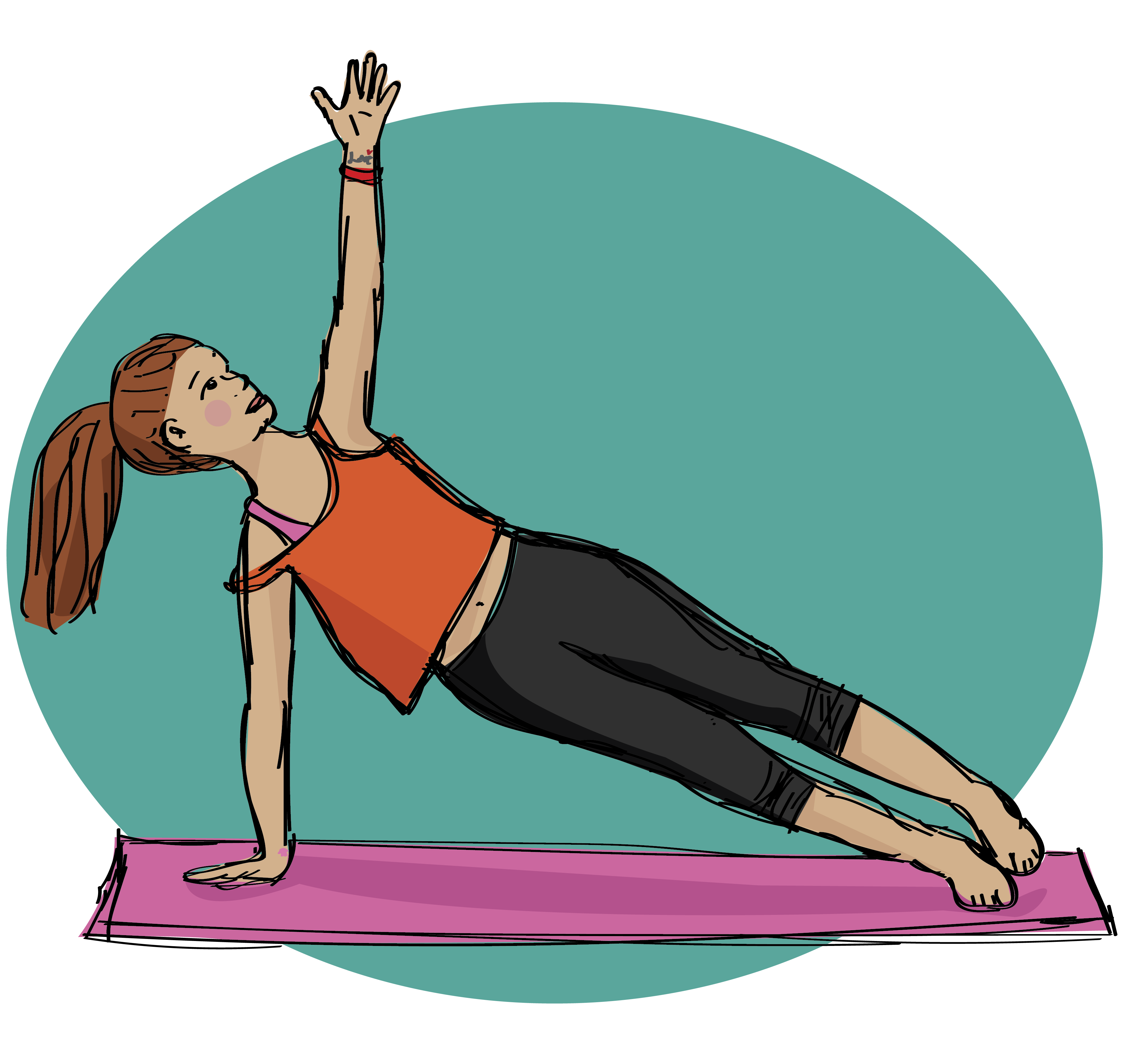 Digital illustration of a woman in sportswear doing yoga on a pink yoga mat