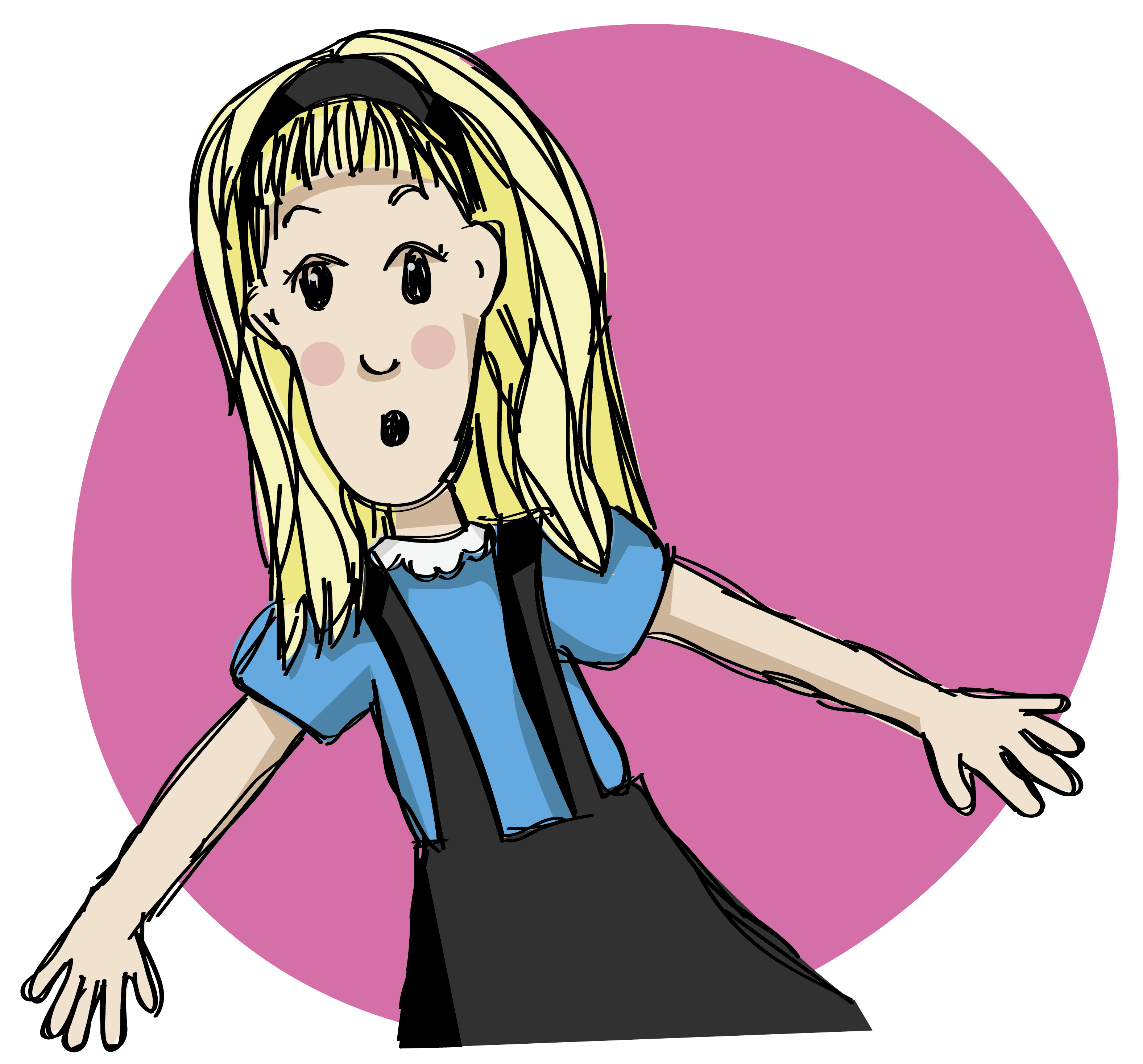 Illustration of Alice in a blue shirt and black dress