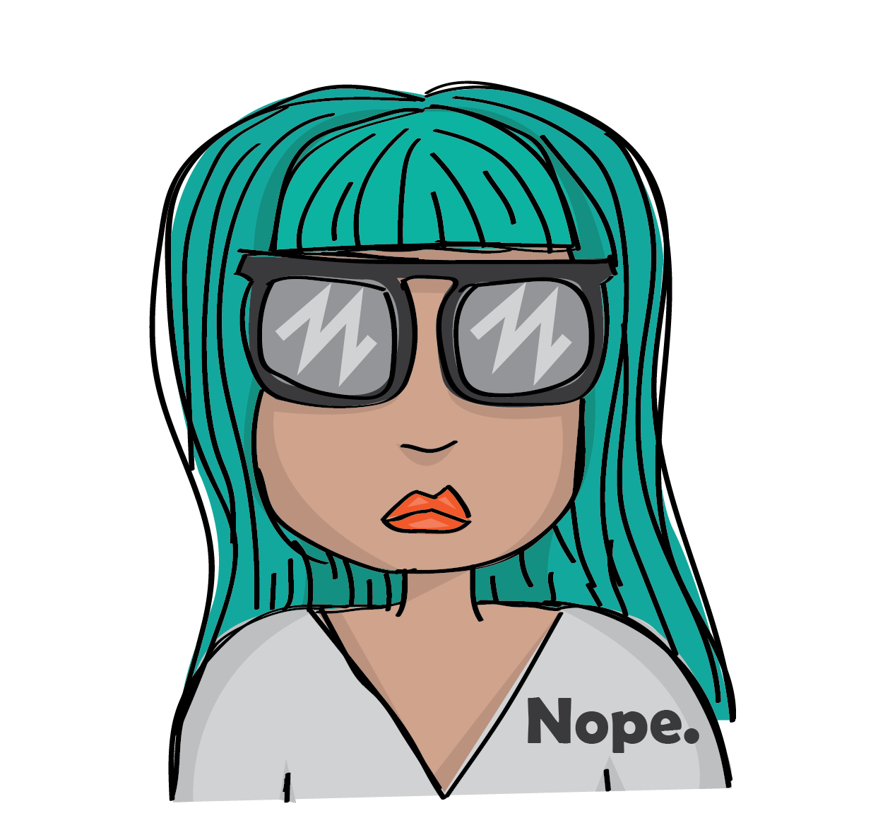 Digital Illustration of a woman with green hair, wearing sunglasses with the text saying Nope