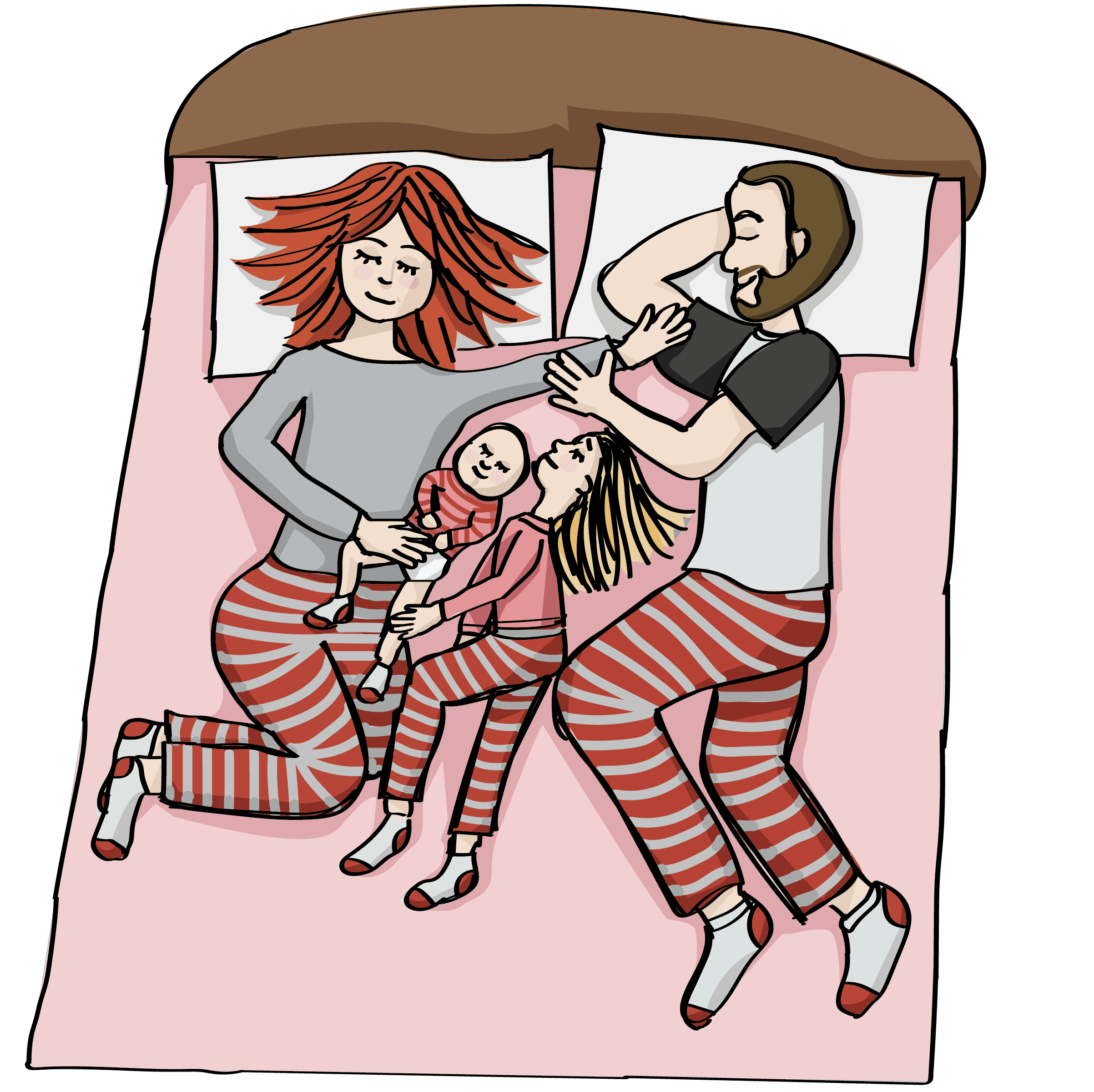 Illustration of a family asleep in bed wearing matching striped pajamas
