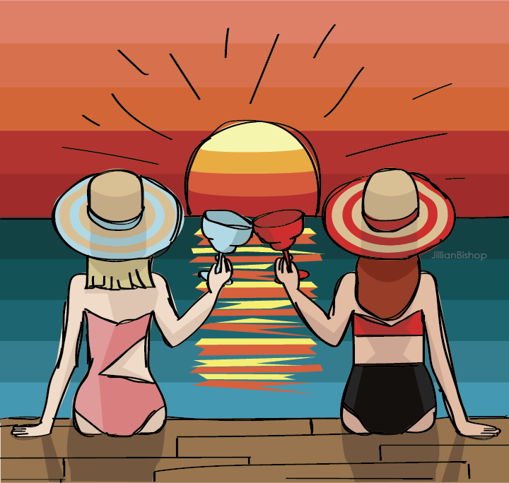Digital Illustration of a pair of women in bathing suits and beach hats, holding margaritas and sitting on a wooden pier looking at the sunset over the ocean