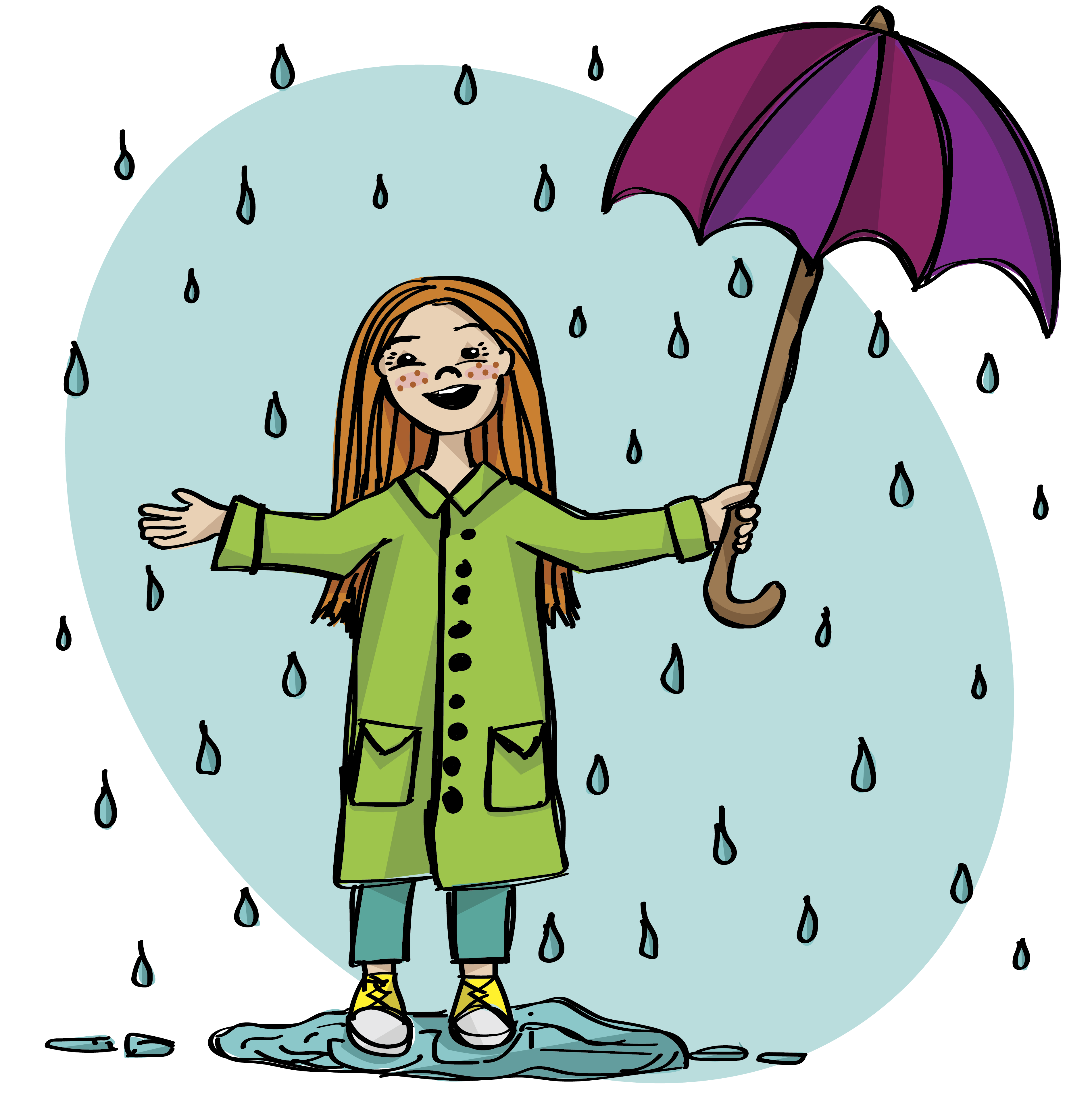 Digital illustration of a redhead girl in a green raincoat, holding a purple umbrella while standing and smiling in the rain