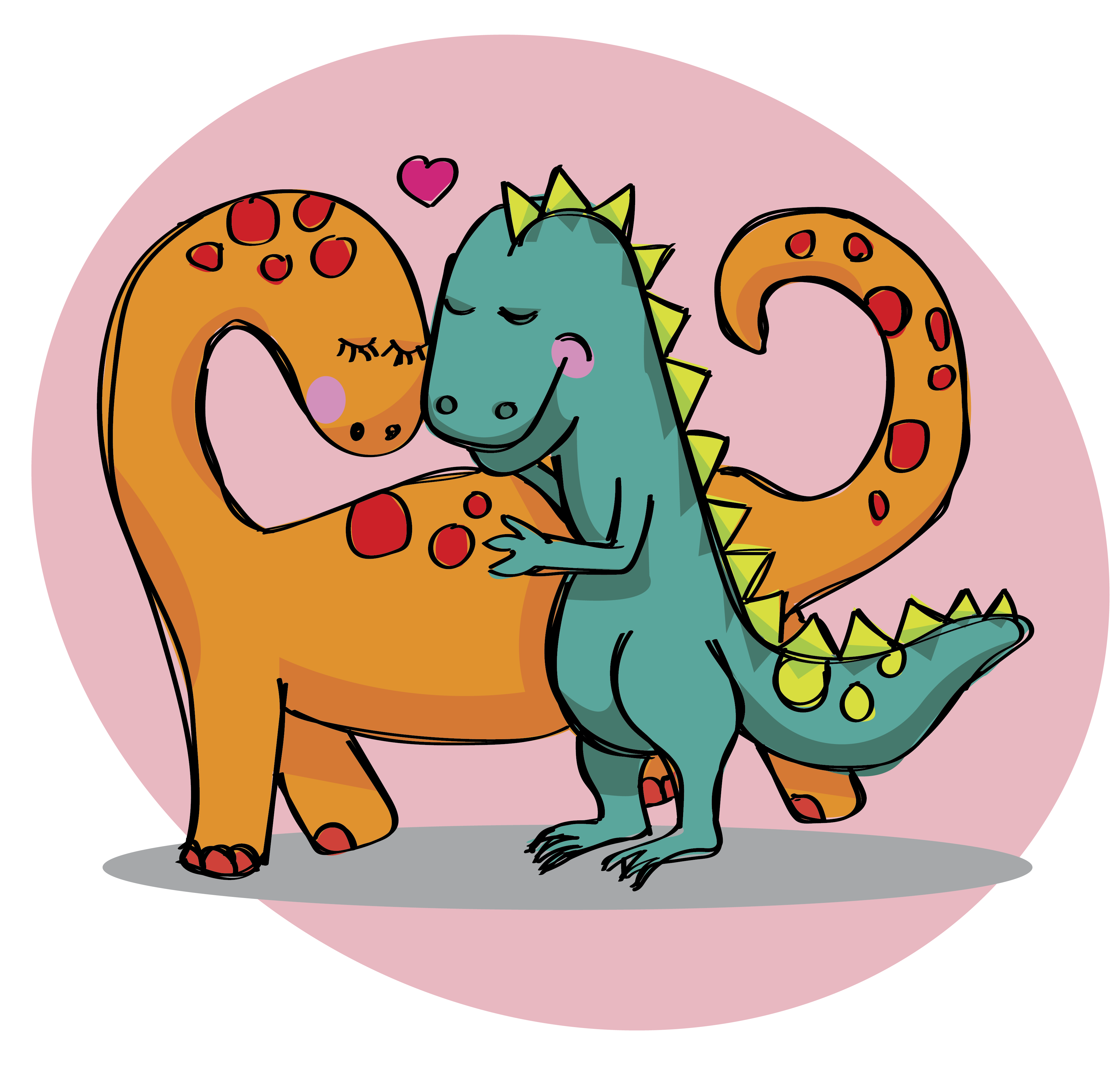 Illustration of an orang spotted brontosaurus dinosaur in a loving hug with a green dinosaur