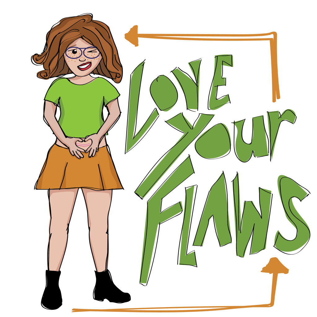 Illustration of a woman wearing brightly colored clothing, and glasses, making a heart sign with her hands near her stomach area. Stylized text reads: Love Your Flaws