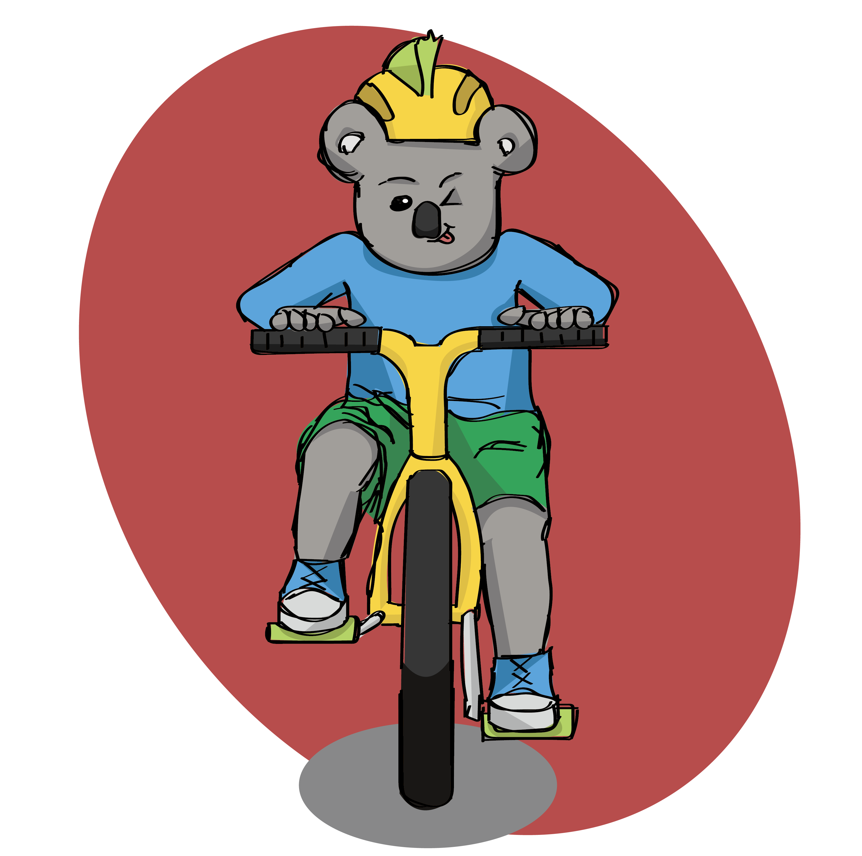 Illustration of a koala child concentrating on riding a bike while wearing a helmet