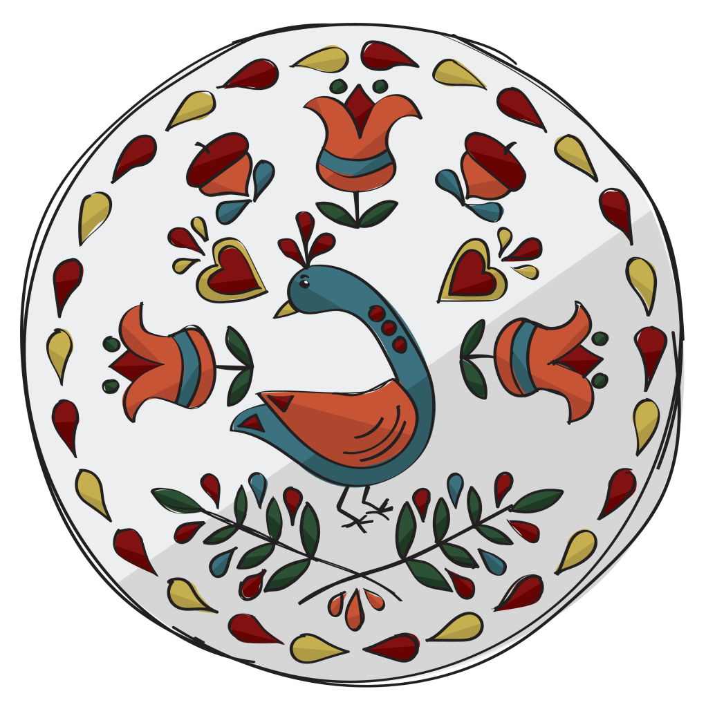 Digital illustration made from a hand drawn sketch of a Pensylvania Dutch Hex Sign featuring a blue and orange bird in the center, surrounded by tulips and acorns