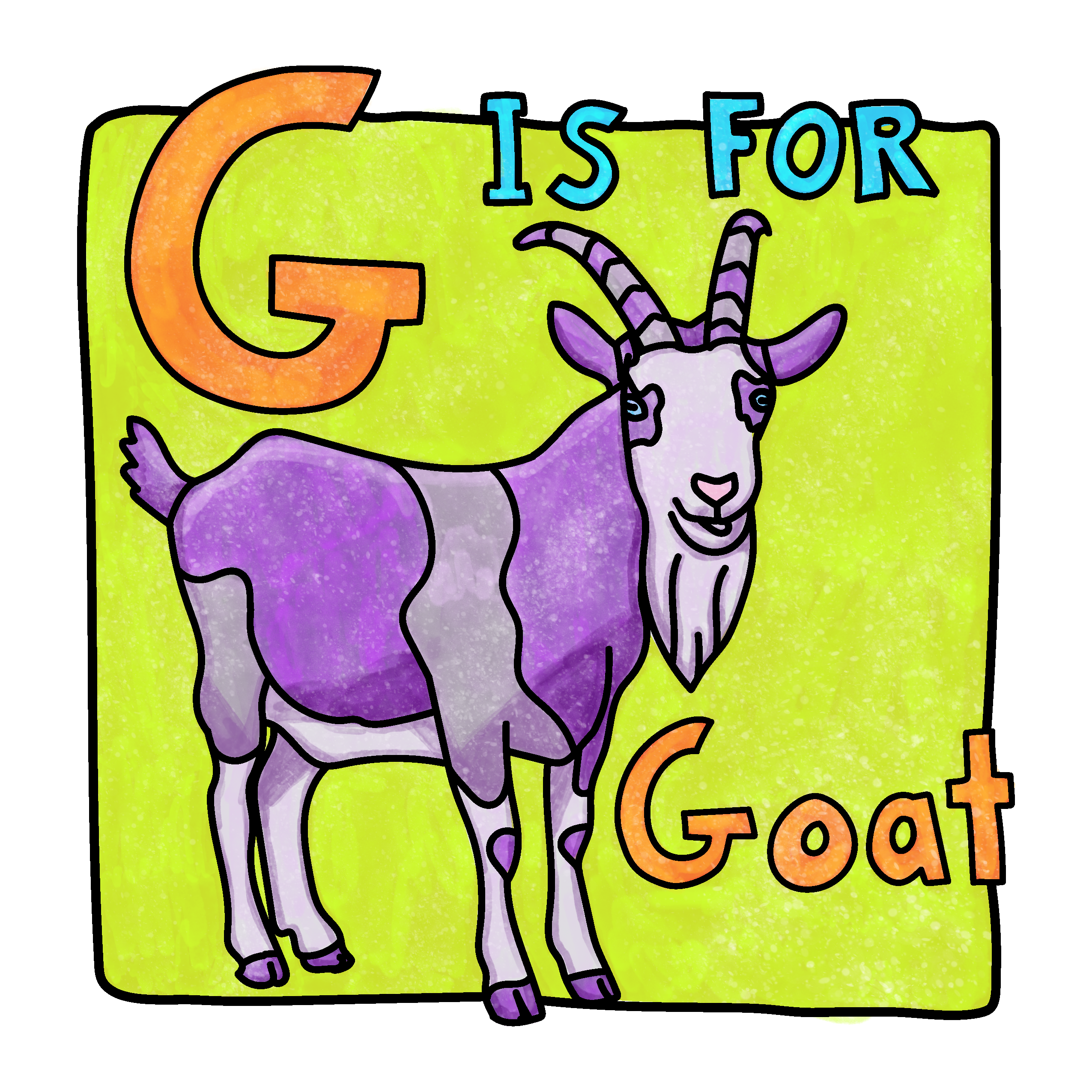 Illustration of a purple and white goat with text reading G is for Goat on a green background
