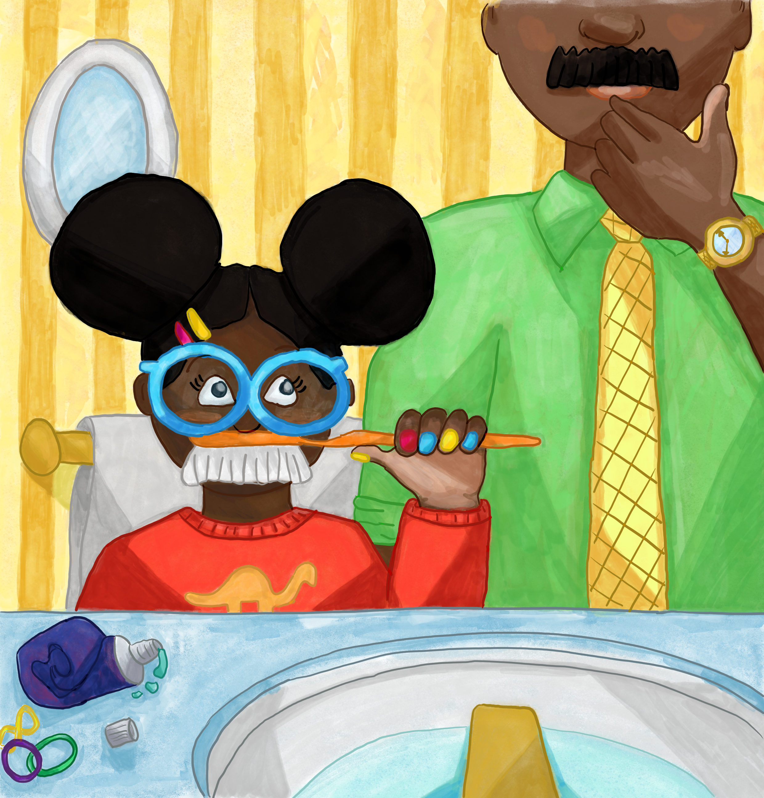 Illustration of a Father and Daughter brushing their teeth in the bathroom