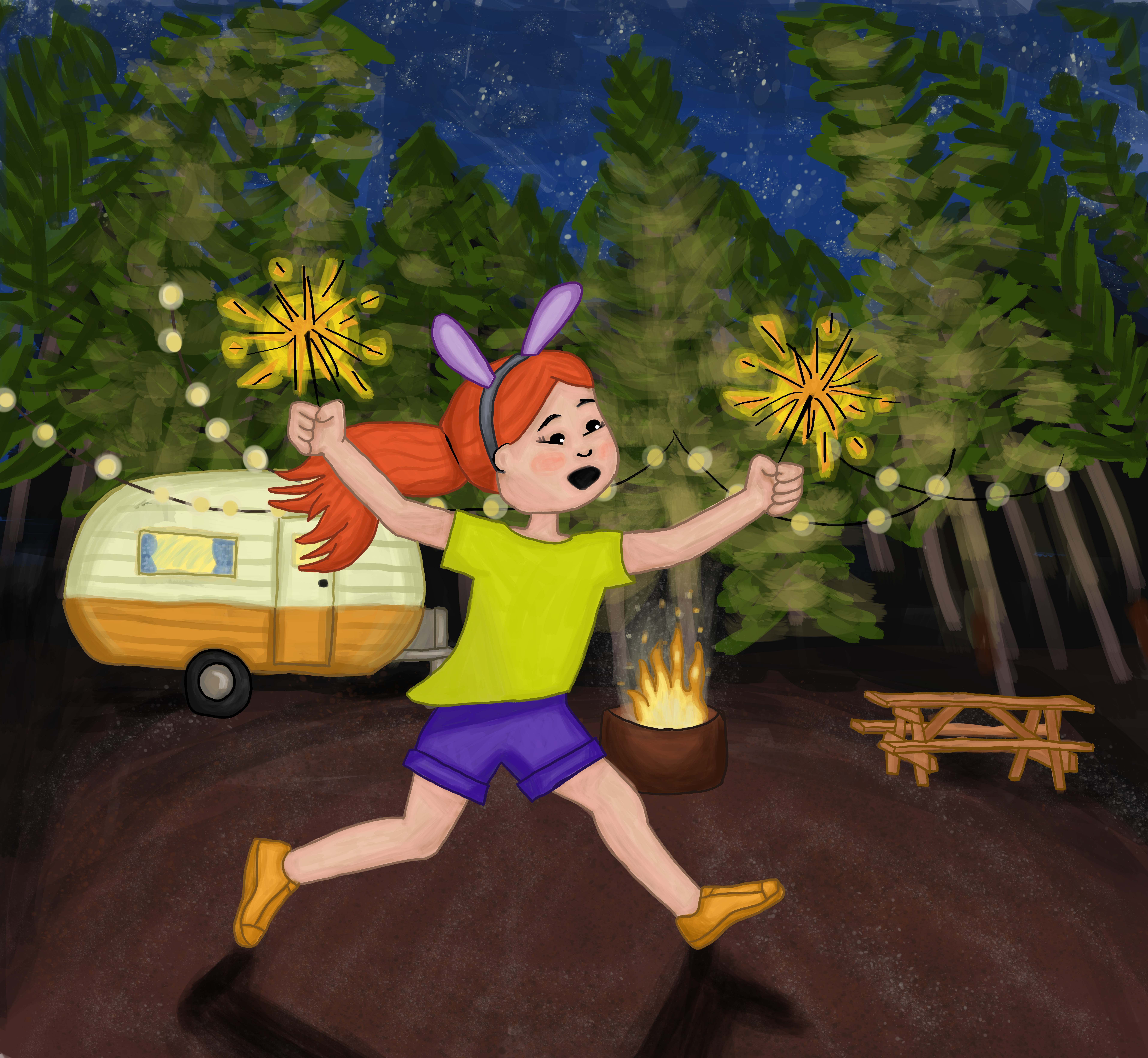 Illustration of a child wearing bunny ears running through a campsite at night with sparklers