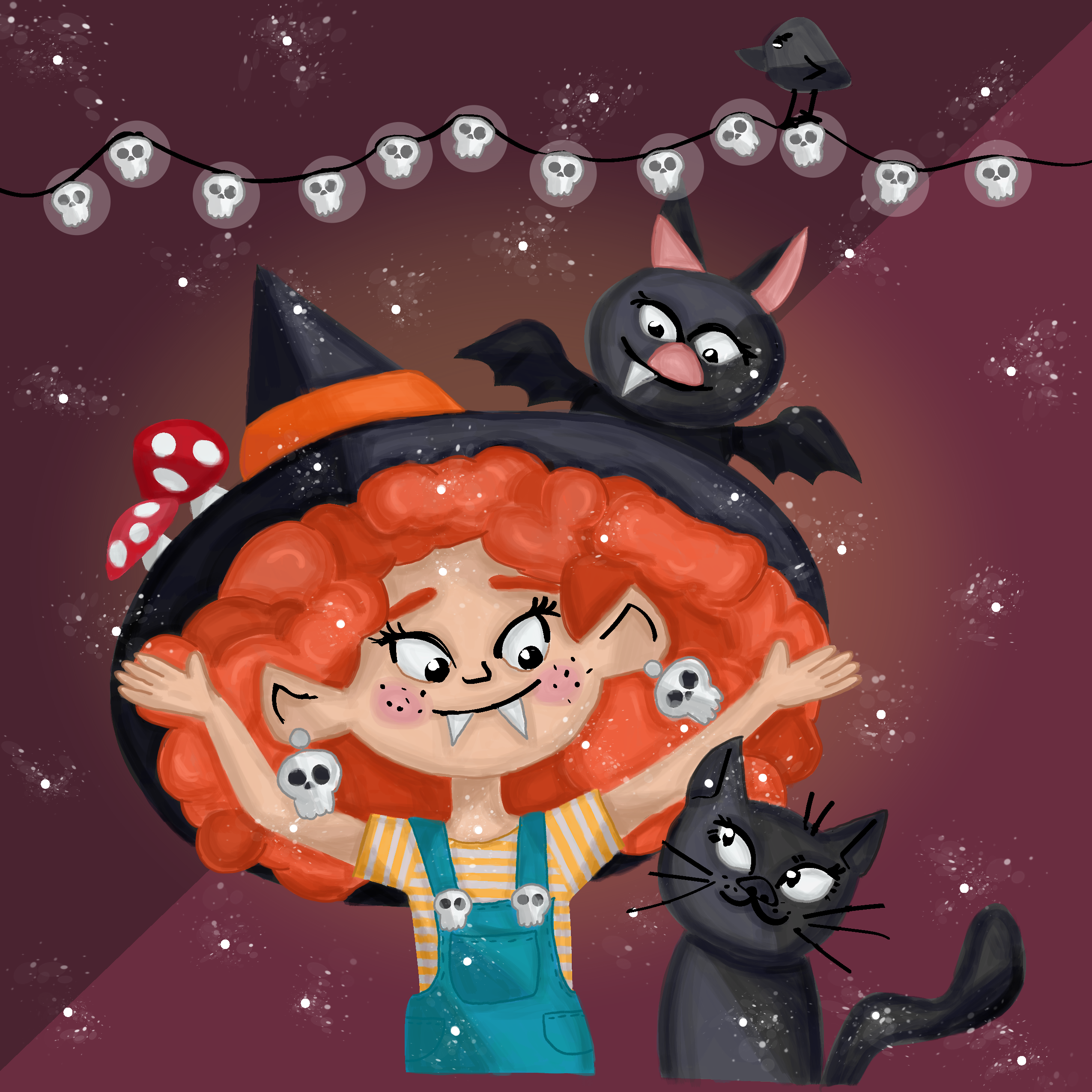 Illustration of a young witch in overalls with a cat and a bat